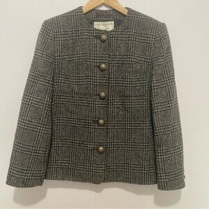 Jaeger Wool Blazer UK 10 US 8 Plaid Check Jacket Crest Buttons Made in Britain